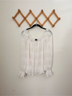 Aakaa White Smocked Peasant Blouse with Ruffled Trim